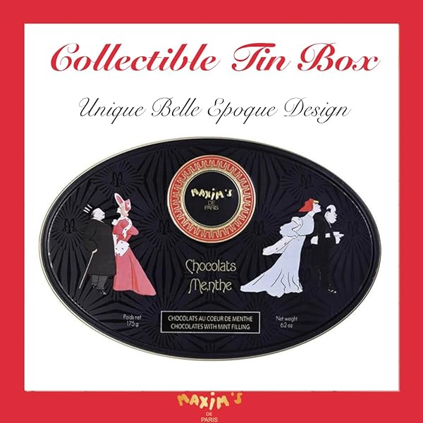 MAXIM’S DE PARIS – CHOCOLATE COVERED MINT CANDIES IN A LUXURIOUS OVAL TIN BOX BLACK AND GOLD, BELLE EPOQUE DESIGN, 175 G
