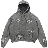 Verdusa Men's Washed Graphic Hoodies Cross Print Lightweight Pullover Sweatshirt Hip Hop Streetwear