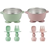 PandaEar 2 Pack Stainless Steel Baby Suction Bowls & 4 Pcs Silicone Baby Utensils Set, Non-Slip Toddler Food Bowls with Silicone Sleeve & Anti-Choke Spoon Fork Set for Babies Led Weaning