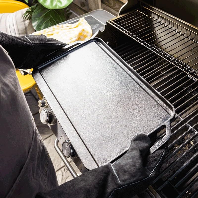 Lodge 20 x 10.44 Inch Pro-Grid Reversible Cast Iron Grill/Griddle – Double Burner Cookware, Pre-Seasoned, Non-Toxic, Made in USA, For Stovetop, Oven, Grill & Campfire