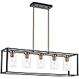VINLUZ Farmhouse Chandeliers for Kitchen Island with Clear Glass Shade Black and Brushed Brass 5 Light Dining Room Lighting Fixtures Hanging, Rectangle Pendant Lights Industrial Ceiling Light