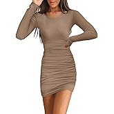 Samefar Womens Ruched Ribbed Bodycon Dress Long Sleeve Scoop Neck Slim Autumn Club Mini Dresses Dark Blue X-Large