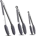 HOTEC Premium Stainless Steel Locking Kitchen Tongs with Silicon Tips, Set of 3-7", 9" and 12" (Grey)