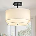 Vexagyle 3-Light Semi Flush Mount Ceiling Light Fixture,12.6inch Modern Close to Ceiling Light with 2-Layer White Drum Fabric Shade,Entryway Light Fixture Ceiling Mount Lamps for Bedroom Dining Room
