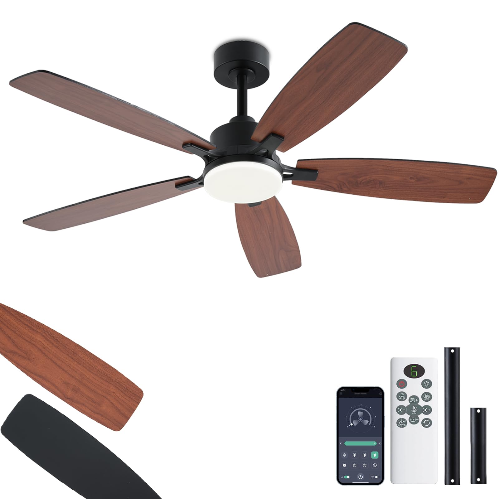 Photo 1 of NKPU 52inch Ceiling Fans with Lights, Low Profile Ceiling Fan with Light and Remote/App Control, 2 Downrods, DC Reversible Motor, Noiseless, Dimmable Brown Ceiling Fan for Bedroom Livingroom