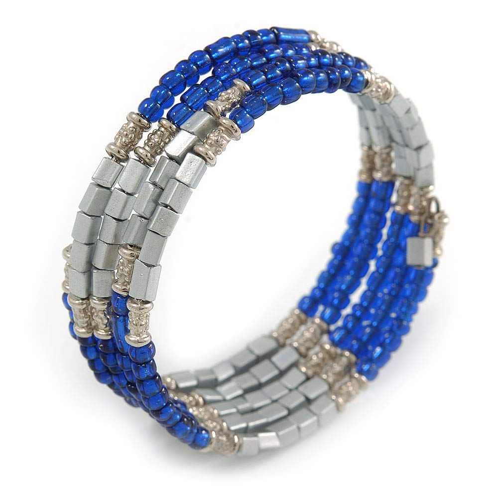 Avalaya Electric Blue Glass Silver Acrylic Bead Multistrand Coiled Flex Bracelet Bangle - Adjustable