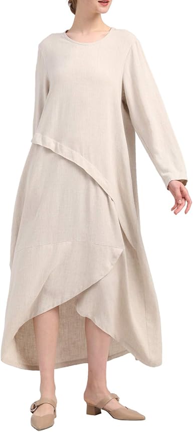 MEOMUA Womenâs Linen Dresses Long Sleeve Irregular Sides Cotton Dress XX-Large Linen: Amazon.ca 