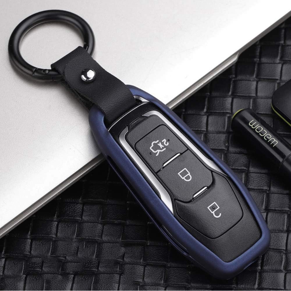 ontto Car Key Cover for Ford Mondeo - Zinc Alloy Hard Metal Key Fob Cover Key Case for Ford Edge Explorer 3 button Keyless Smart Remote Protector Case Key Fob with Keyring Keychain - Blue