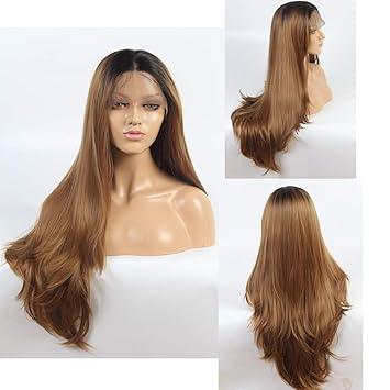 Ivan Comestic 2Tones Ombre Black Root To Dark Blond Nature Straight With Wave Tail Wig 24inch Halfhand Tied Lace Front Synthe