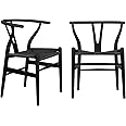 VODUR Wishbone Chair Natural Solid Wood Dining Chair/Hans Vegner Y Chair Rattan and Wood Accent Armrest Chair (Ash Wood - Black 2 Chairs)