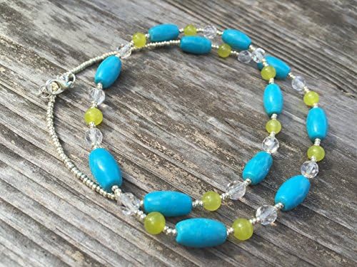 Turquoise Blue Magnesite and Neon Green Stone Necklace with Clear and Silver Czech Glass