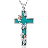 Reaii Natural Turquoise Cross Necklace for Women 925 Sterling Silver Rose Flower Cross Pendant with Genuine Turquoise Jewelry Gifts for Her