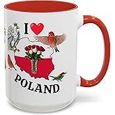 I Love Poland 15 oz Coffee Mug - Gift - Christmas Birthdays Gift; Tea Cup (Red Handle)