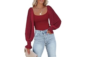 Tunlaud Women Square Neck Puff Long Sleeve Bodysuit Jumpsuit Off Shoulder Leotard Sheer Polka Dot Sleeve Shirts Tops