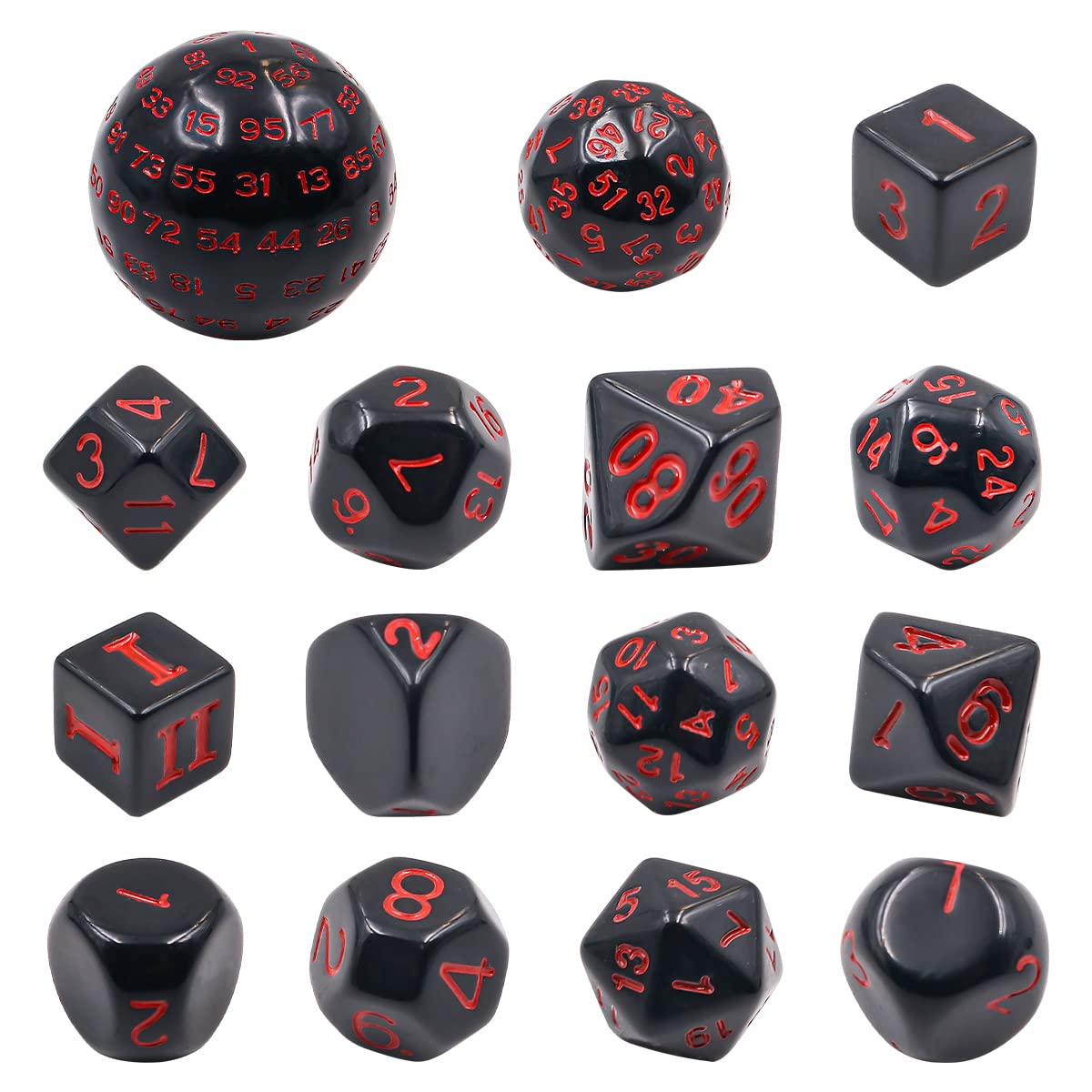 DollaTek 15 Pieces Complete Polyhedral Dice Set D3-D100 Game Dice Set for Role Playing Table Games Black and Red