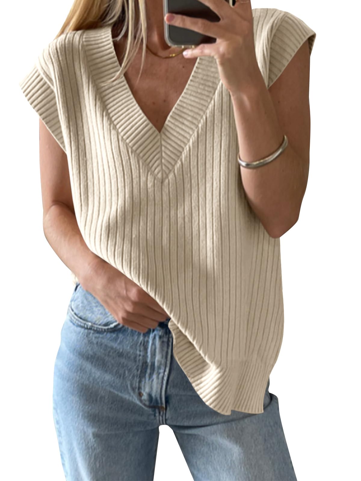 Photo 1 of (used/fair) (bagged) Saodimallsu Womens V Neck Sweater Vest Oversized Ribbed Knit Sleeveless Casual Loose Fit Pullover Tank Top Beige