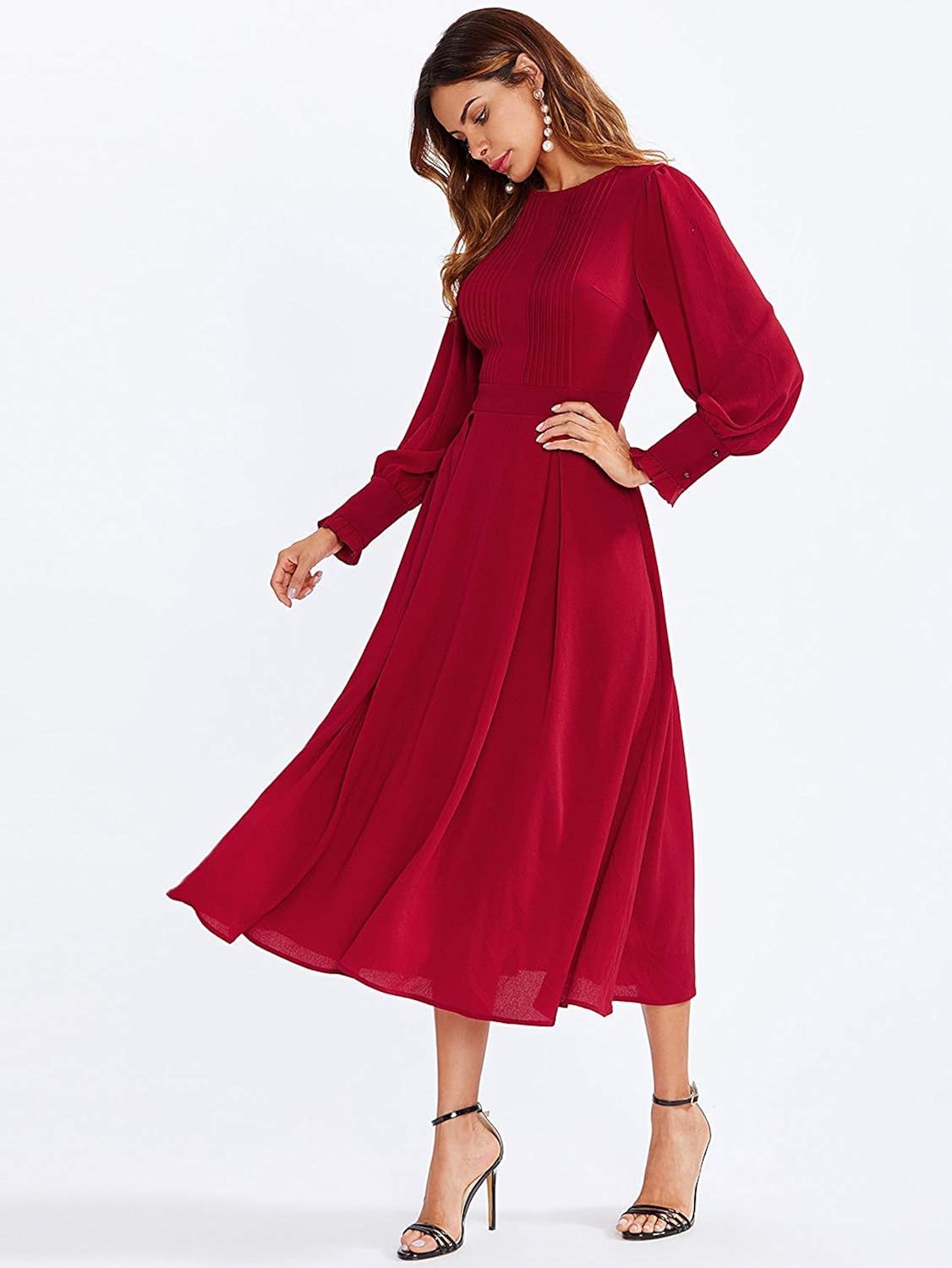 Milumia Women's Elegant Frilled Long Sleeve Pleated Fit and Flare Dress: Clothing