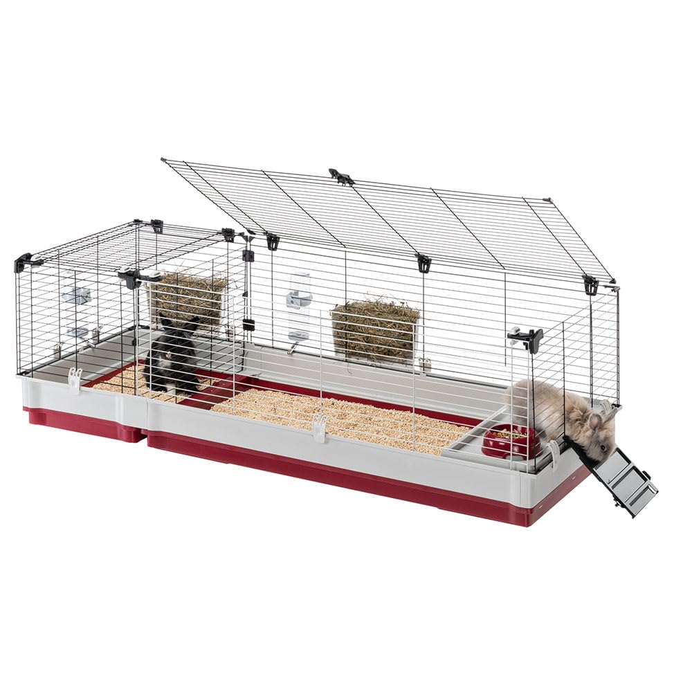 Ferplast rabbit cage KROLIK 160, guinea pig and rabbit house, assembly kit. Separate extension through metallic grill, accessories are included, 162 x 60 x h 50 cm Bordeaux