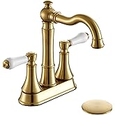 Roffenny Porcelain 2-Handle Brushed Gold Bathroom Faucet 4 inch Centerset with Plastic Pop-up Drain, Classical Gold Bathroom Vanity Sink Faucets for 3 Holes, High Arc 360° Swivel Brass Spout