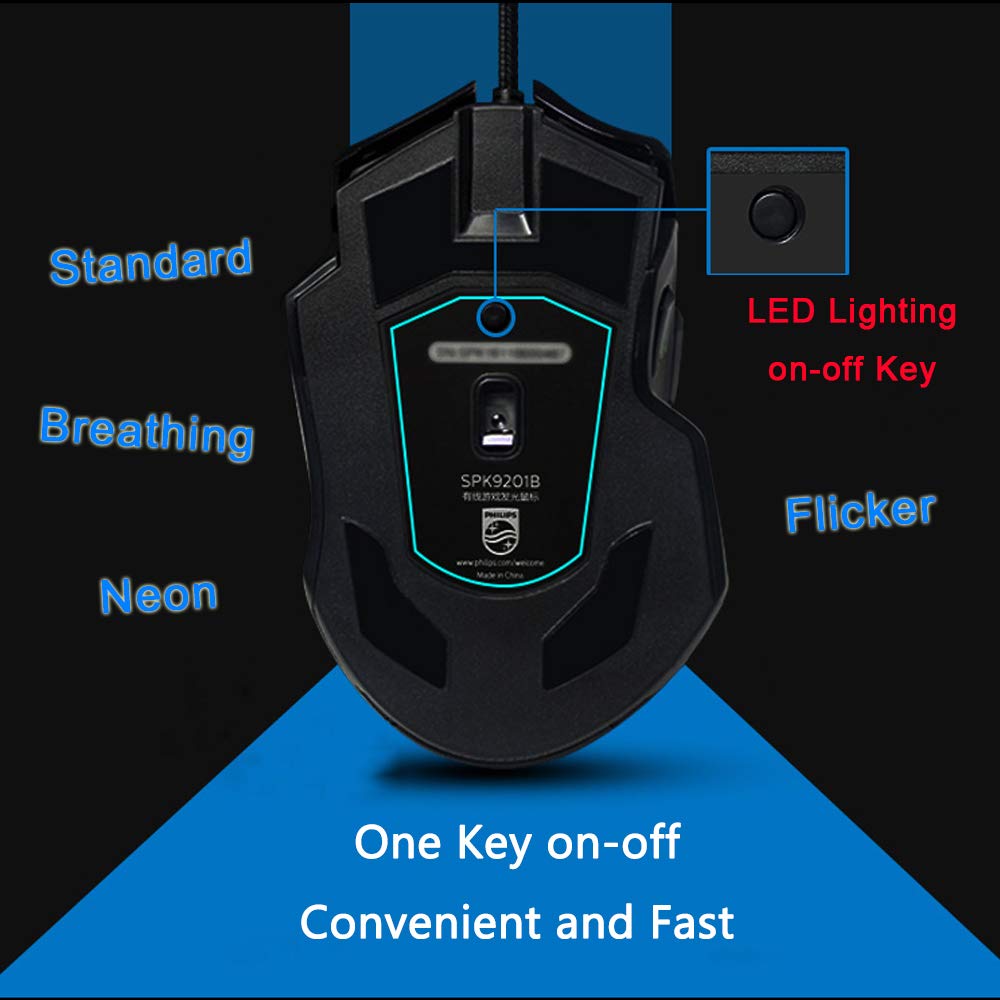 Philips Gaming Mouse, USB Wired Optical Gaming Mice with 4000 DPI High Precision, 3 Programmable Side Buttons, 4 Adjustable DPI Levels, 8 Buttons with 7 Backlight Modes for Notebook, PC, Laptop, Macbo