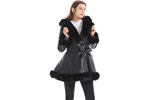 GRAN ORIENTE Women's Faux Leather Jacket with Faux Fur Collar, Winter Long Sleeve Furry Trim Peplum Parka Coat with Belt