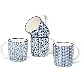 MACHUMA Set of 4 12 oz Coffee Mugs with Blue and White Geometric Patterns, Ceramic Tea Cup Set, Gift for Friends (Set 1)