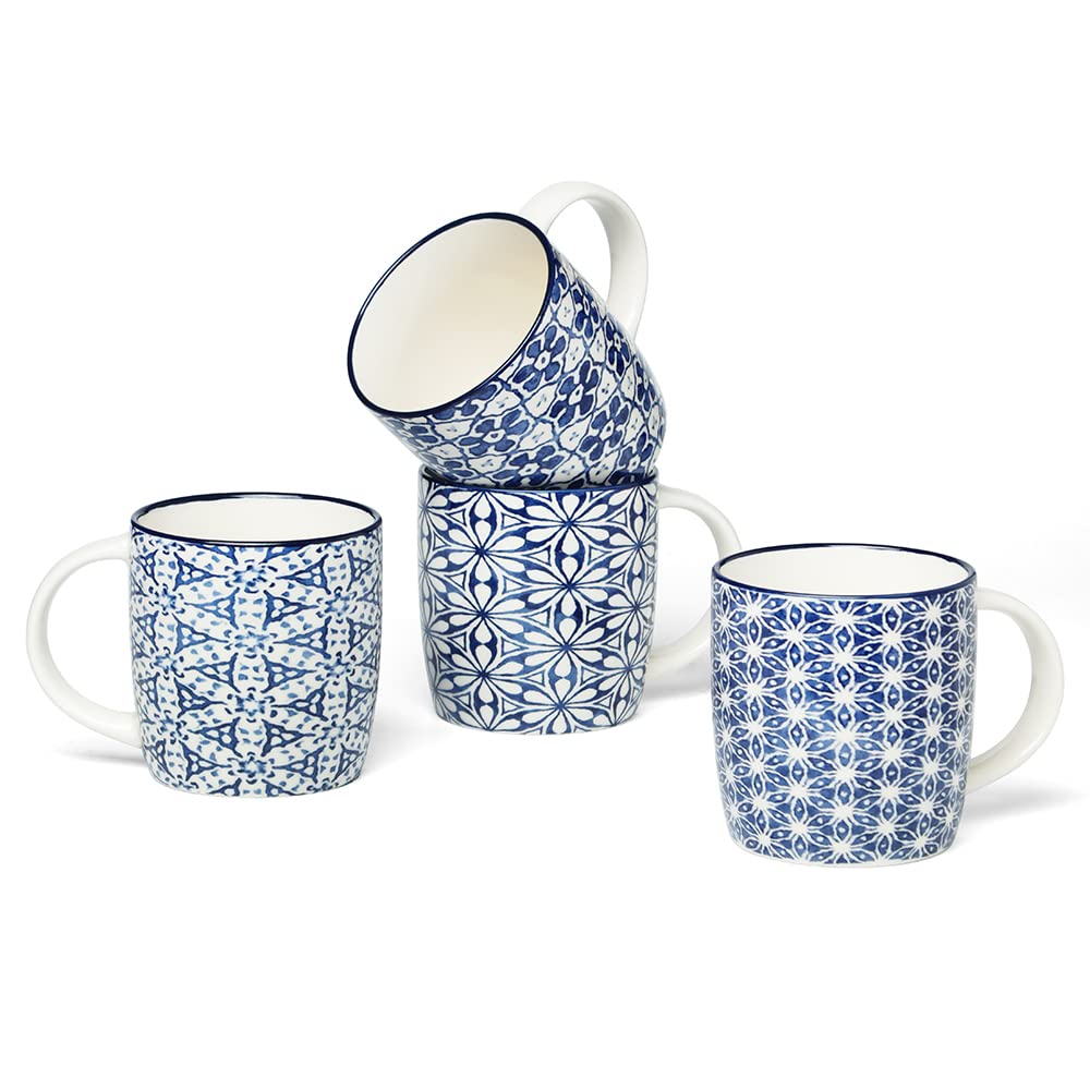 MACHUMA Set of 4 12 oz Coffee Mugs with Blue and White Geometric Patterns, Ceramic Tea Cup Set, Gift for Friends (Set 1)