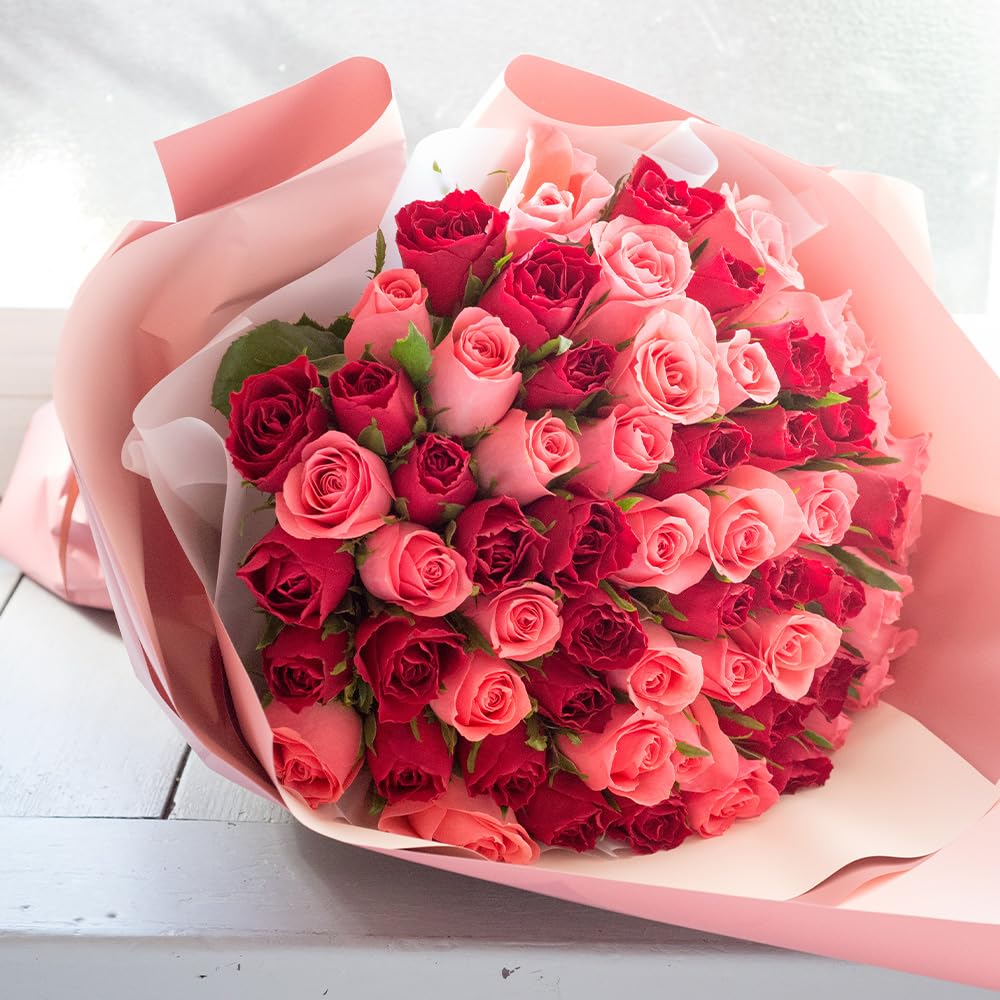 フラワーキッチン バラ60本の花束 (赤ピンク：バイカラーラッピング) 花束 還暦 祝い プレゼント 当日配送不可（14時までの注文で最短翌日のお届け）商品画像