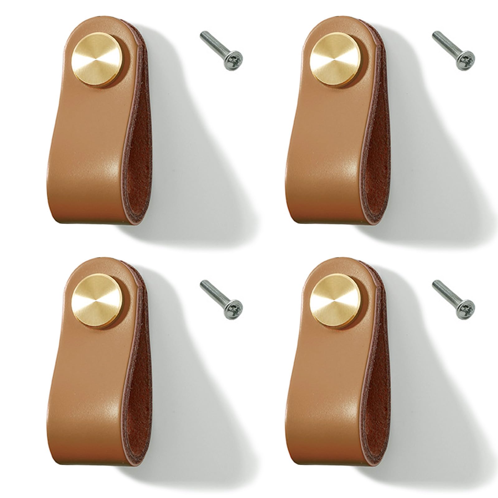 Lawen Creative 4 Set Leather Furniture Handles Leather Knob Cabinet Handle Knobs for Kitchen Cabinets Cupboards (Light Brown, Single Hole)