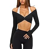 LASLULU Womens Long Sleeve Workout Tops Sexy Twist Front Bolero Shrugs Yoga Gym Ballet Wrap Tops Pilates Outfits