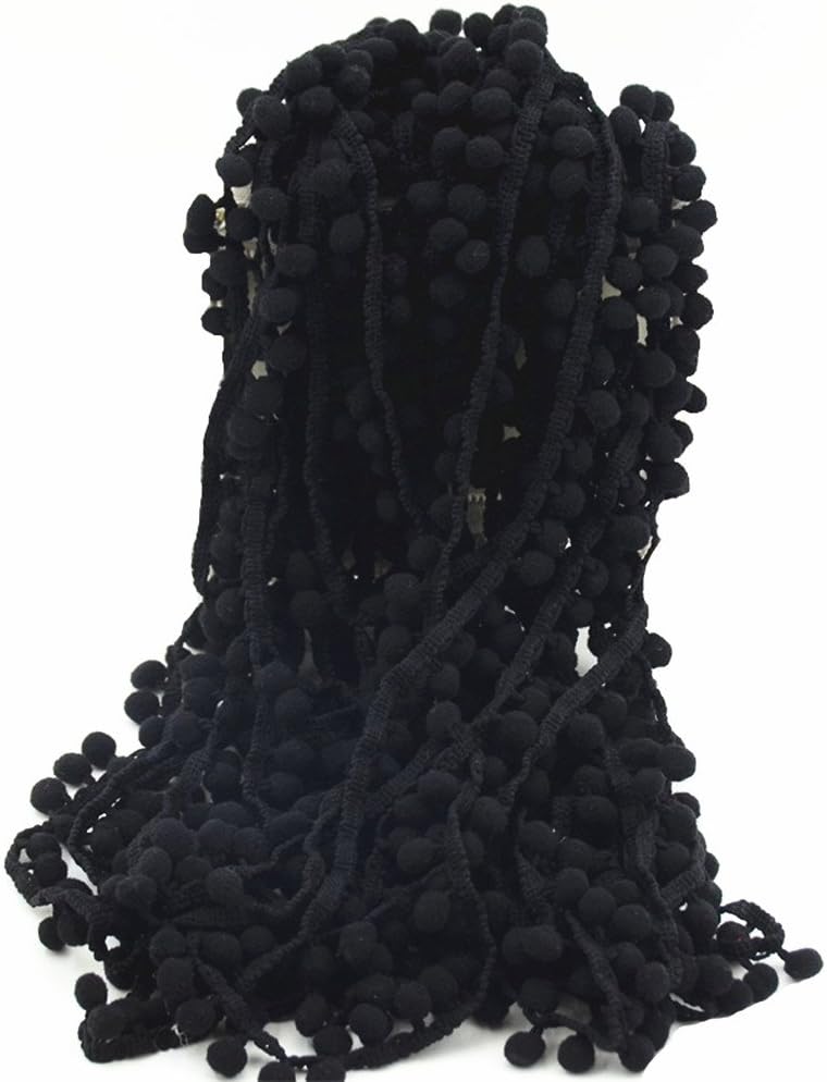 60ft Pom Poms Fringe Ball Trim Sewing Ribbon Embroidered Lace Tassel Applique for Clothing Accessories Pillow Bedding Quilting Crafts Supplies (Black)