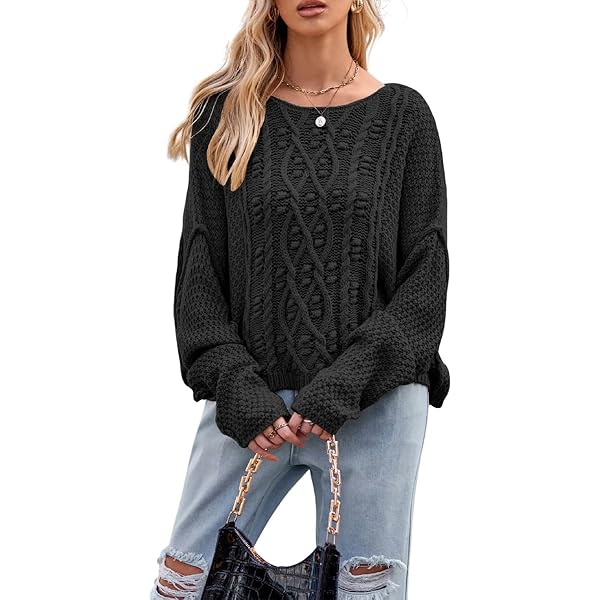 Womens Crewneck Cable Knit Long Sleeve Oversized Cozy Casual