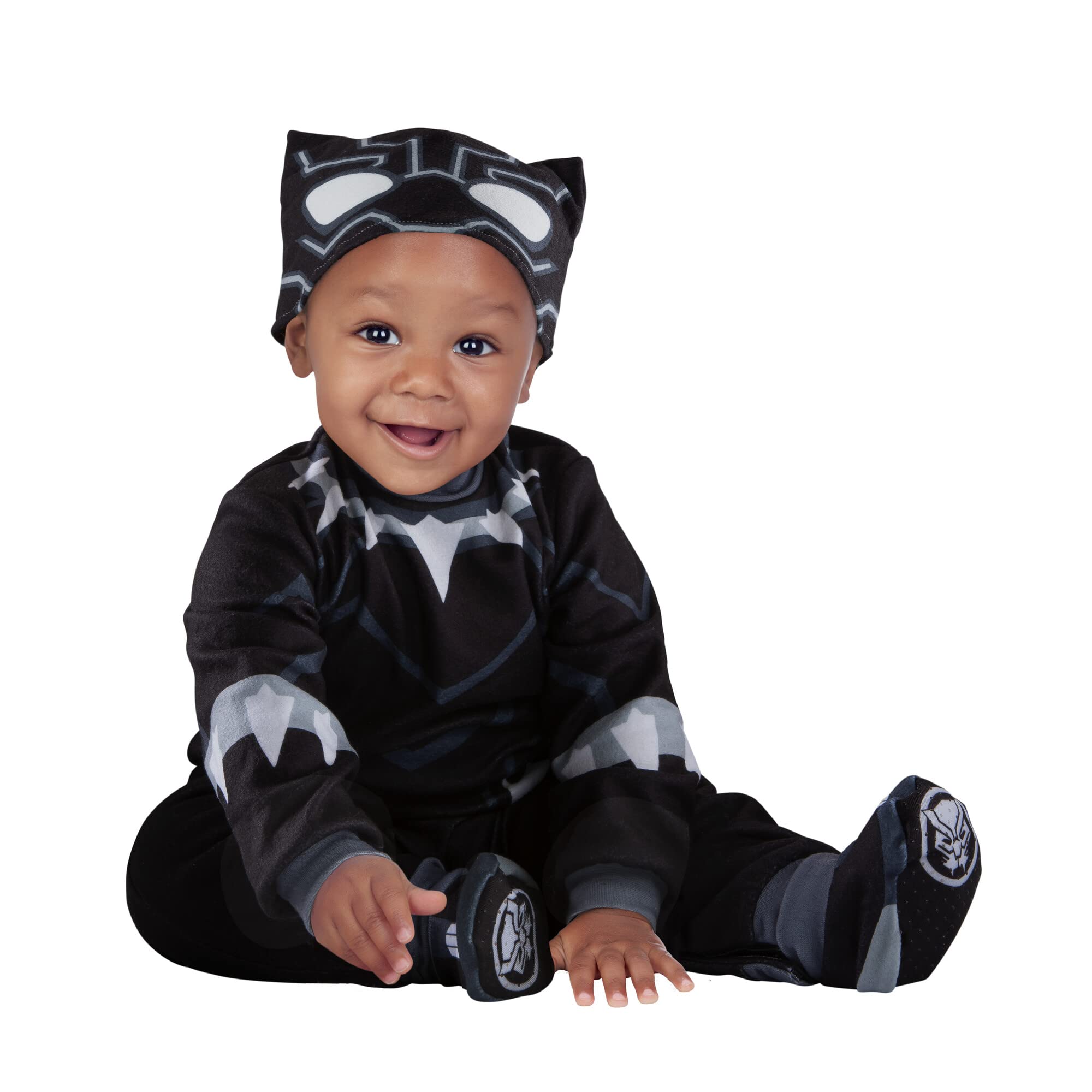 Photo 1 of MARVEL Black Panther Official Infant Deluxe Costume - Printed Jumpsuit with Booties and Mask Cap (6-12 months)