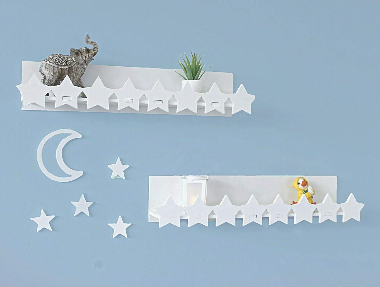 HomeZone White Wooden Star Floating Shelves with Moon & Star Wall Decor 