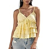 Women Floral Babydoll Tank Top Teen Girl Fairy Ruffle Cami Spaghetti Strap V Neck Boho Crop Top