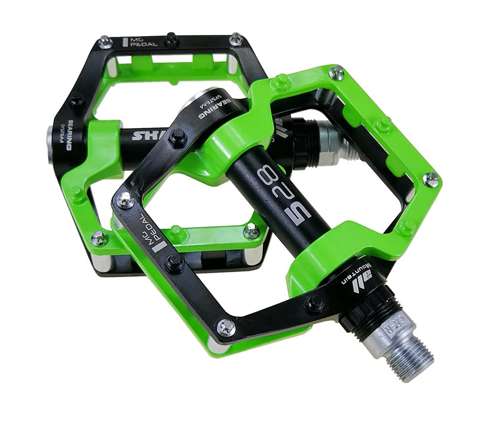 shanmashi Black Green 528 Mountain Bike MTB Pedals Aluminium Bicycle BMX Flat Pedal with Removable Non-Slip Studs
