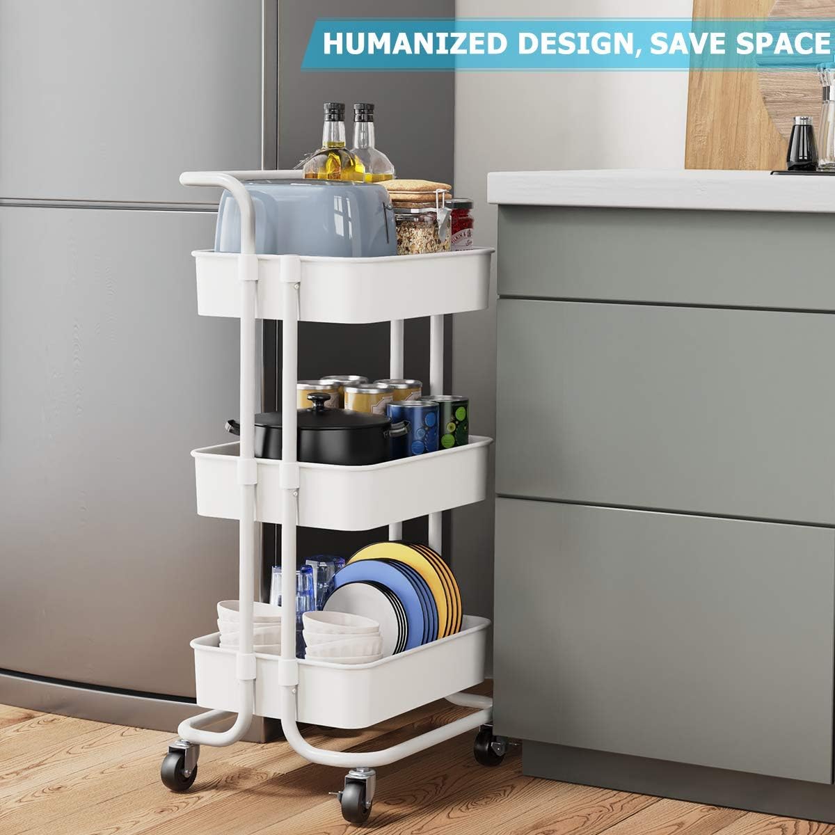 Homemaxs 3 Tier Rolling Utility Storage Cart with Handles and Roller Wheels Craft Cart for Kitchen, Coffee Bar, Microwave Cooking Station, Storage, Office, Bathroom (White : Office Products