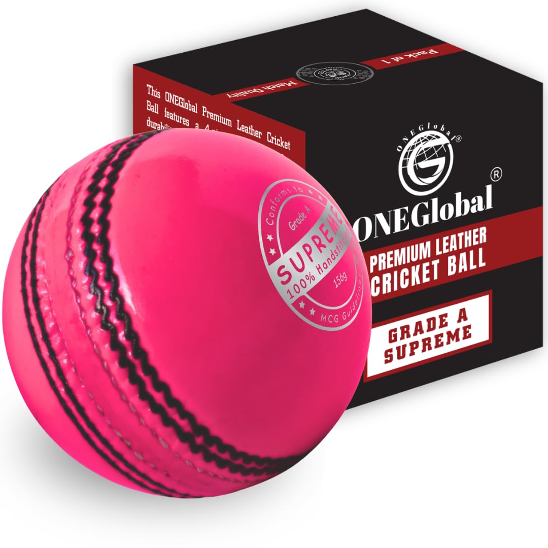 ONEGlobal Supreme Genuine Leather Cricket Ball | 4-Piece Handstitched Cricket Balls | Match Quality Hard Cricket Balls (Seniors 5.5oz, 1-Pink)