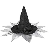 Moyubath Halloween Witch Hat, Ruched Witches Hats for Women with Veil and Rose Wizard Hats Halloween Costume Accessories