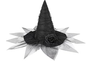 Moyubath Halloween Witch Hat, Ruched Witches Hats for Women with Veil and Rose Wizard Hats Halloween Costume Accessories