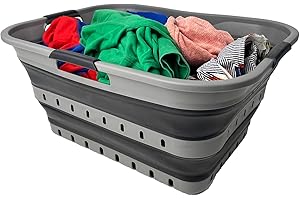 SAMMART 42 (11 Gallons) Collapsible Plastic Laundry Basket, Foldable Pop Up Storage Container/Organizer, Space Saving Hamper, Portable Bin for Dorm Room Bathroom (1, Grey/Black)