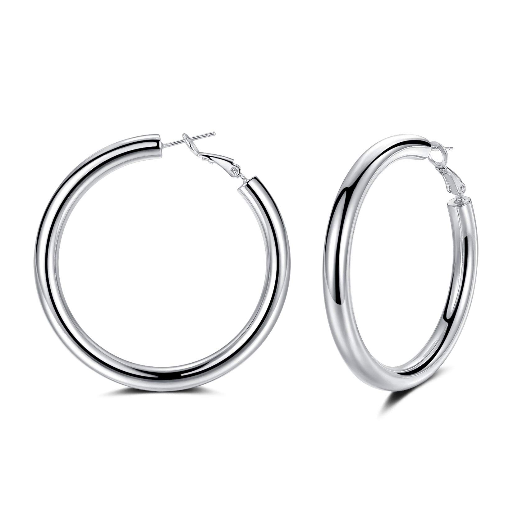 Silver Hoop Earrings for Women, 14k White Gold Plated Chunky Lightweight Hoop Earrings, 5mm Thick Hoops | Tube Loop Earrings Jewelry Gifts for Girls, 50mm