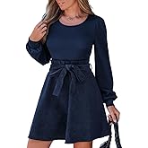 CUPSHE Women's Fall Dresses Corduroy Belted Tie Waist Long Sleeve Round Neck Casual A Line Mini Dress