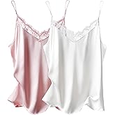 Ekouaer Women's Satin Camisole Lace Silk Satin Pajama Tank Tops V Neck Soft Spaghetti Strap Loose Sleepwear