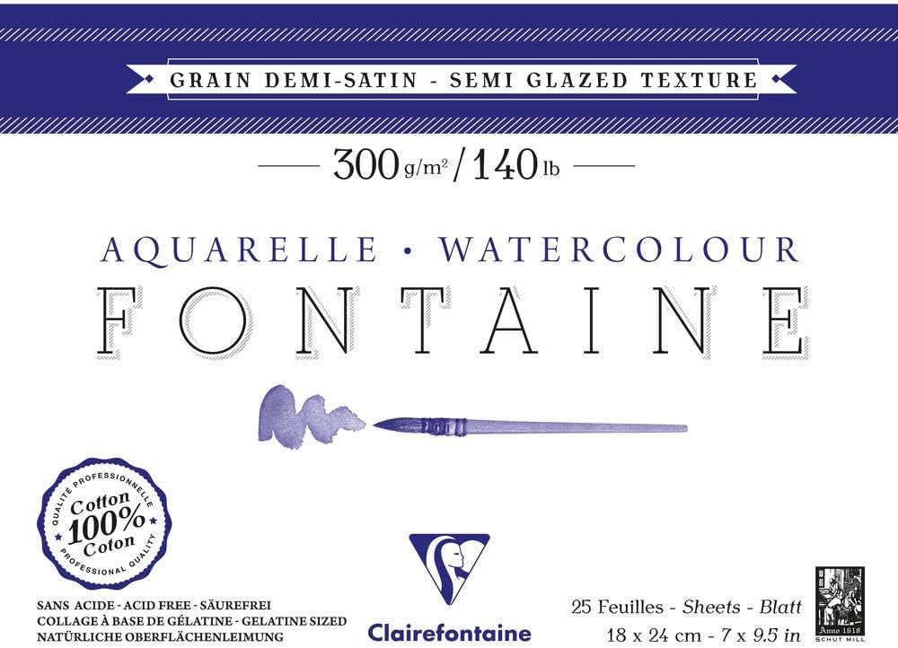 Clairefontaine - Ref 96405C - Fontaine Semi Hot Pressed Watercolour Glued Pad (25 Sheets) - 18 x 24cm Size, 300gsm Paper - Suitable for Watercolour Artwork