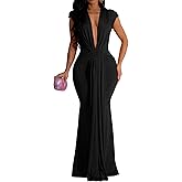 Memoriesea Women's Elegant Sleeveless Deep V Neck Bodycon Party Evening Gown Maxi Dress