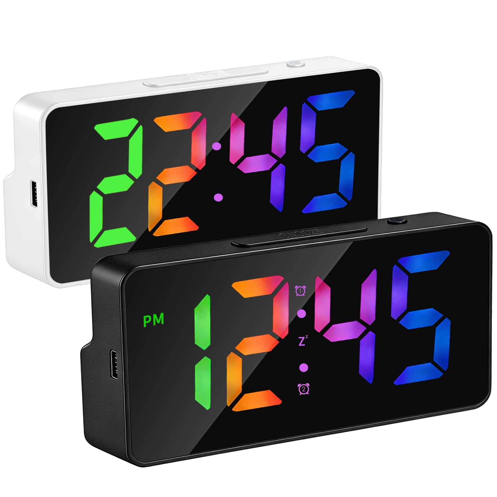 Photo 1 of 2 Pack Alarm Clock for Bedroom, RGB Digital Clock Large Display, Dual Alarm Clocks for Bedrooms Heavy Sleepers, Plug-in Desk Clock with Temperature, Dimmable Night Mode, Battery Backup(White+Black)