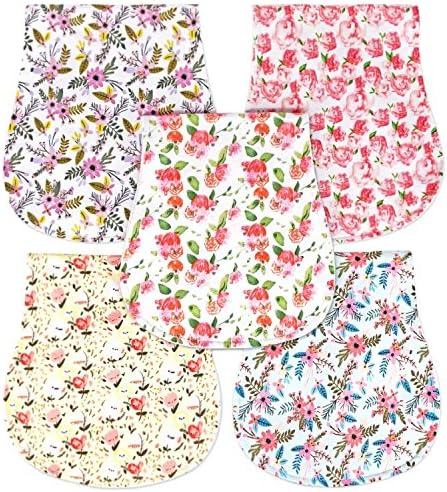 Honey Molly 5 Pack 100% Organic Cotton Burp Cloths for Baby Girls, Floral Pattern Design Burping Rags Absorb Drools &amp; Spit Ups While Keeping Your Clothes Dry, Hypoallergenic, Soft, &amp; Absorbent