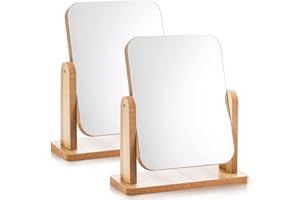 DEAYOU 2 Pack Rotation Makeup Mirror with Wood Stand, Portable Wood Tabletop Mirror for Desk, Make Up, Gift