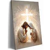 Jesus Praying with Woman Canvas Wall Art Christian Wall Decor Pictures Radiance Of The Cross Painting God Poster Prints for Living Room Bedroom Church Home Decorations 12x16in Ready to Hang
